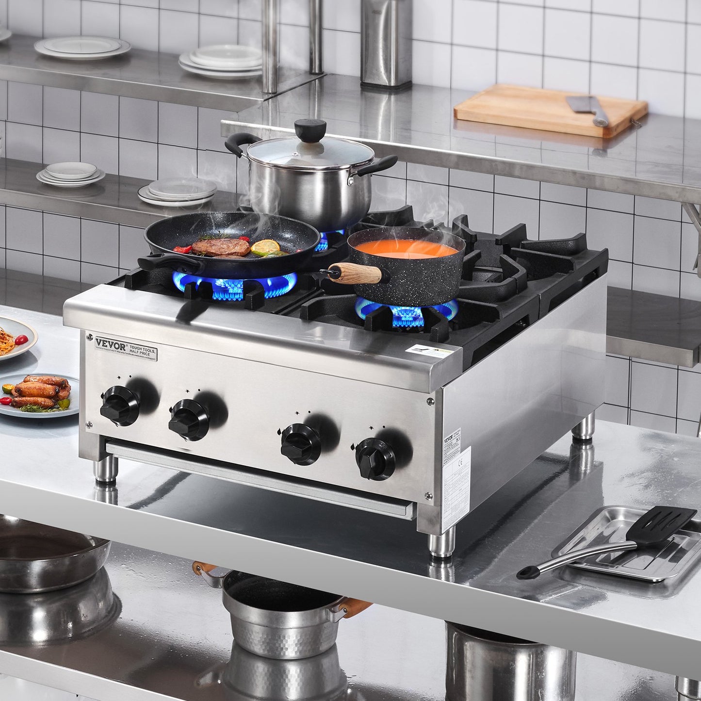 Gewerblicher Gasherd mit 4 Brennern, geeignet für Propan und Erdgas, Tischkochfeld aus Edelstahl, Gaskochfeld für Restaurants, 28 kW