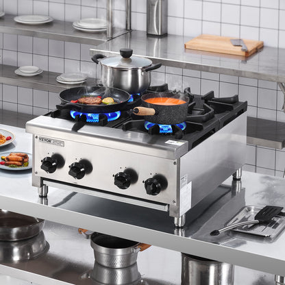 Gewerblicher Gasherd mit 4 Brennern, geeignet für Propan und Erdgas, Tischkochfeld aus Edelstahl, Gaskochfeld für Restaurants, 28 kW