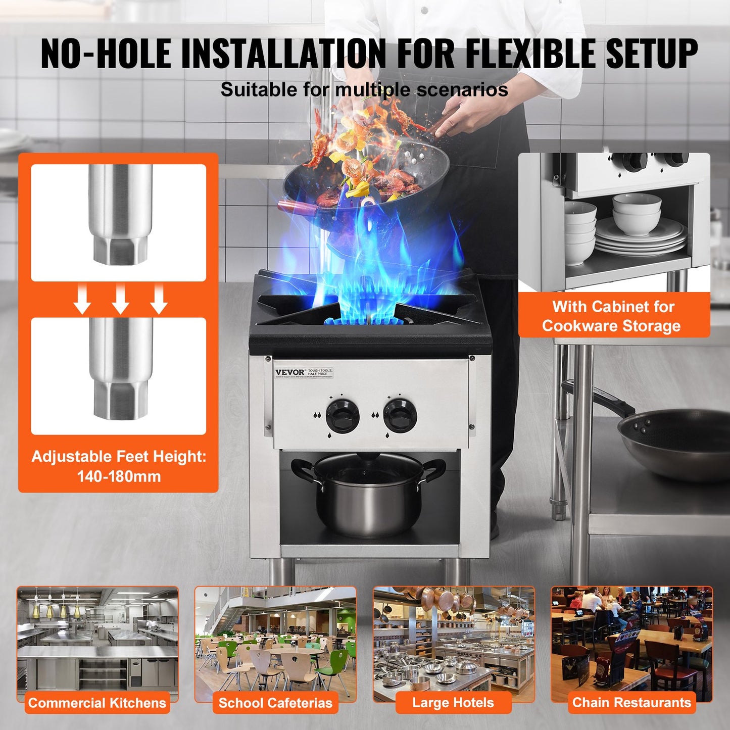 Gewerblicher Gasherd mit Schrank, Propan- und Erdgas-Tischkochfeld, Gaskochfeld aus Edelstahl, gewerbliche Küchenausstattung für Restaurants, 26 kW