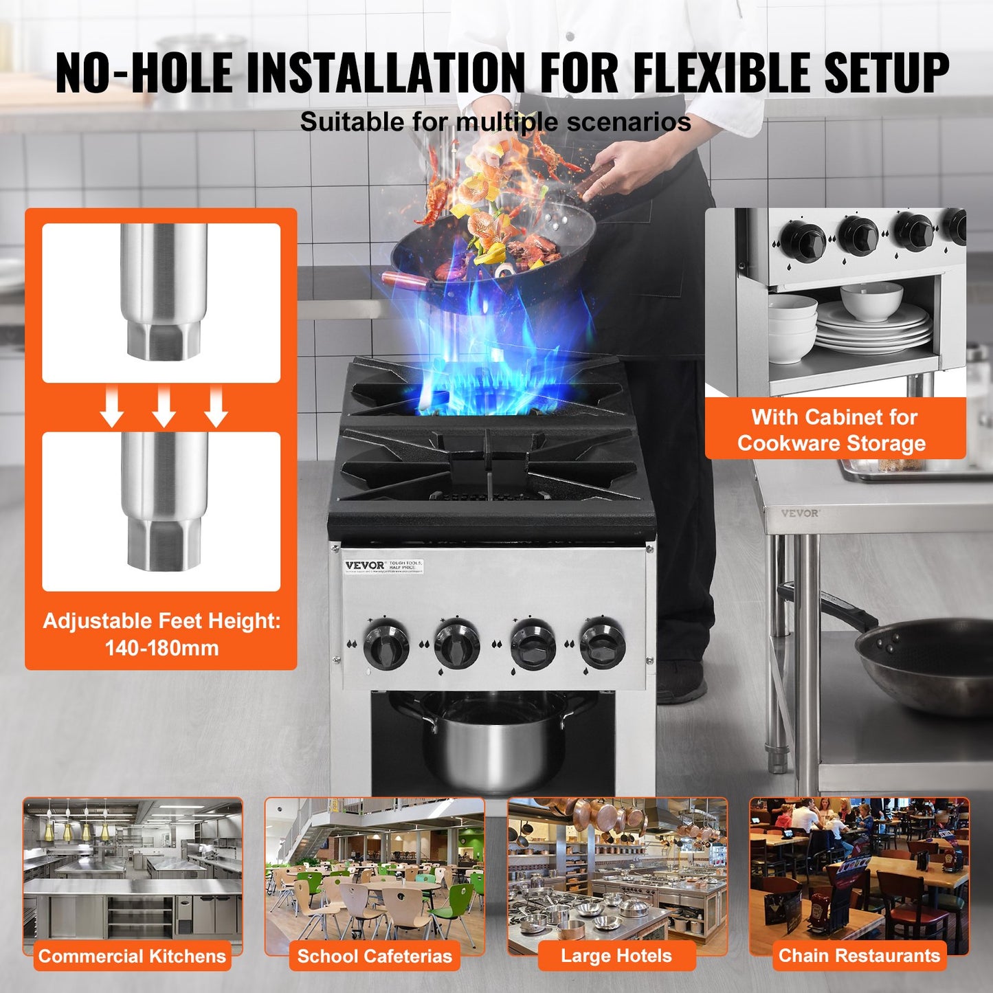 Gewerblicher Gasherd mit 2 Brennern, geeignet für Propan und Erdgas, Tischkochfeld aus Edelstahl, Gaskochfeld für Restaurants, 52 kW