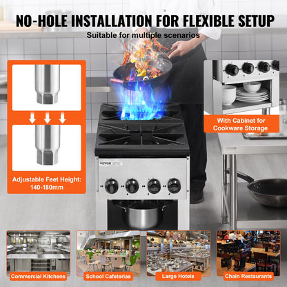 Gewerblicher Gasherd mit 2 Brennern, geeignet für Propan und Erdgas, Tischkochfeld aus Edelstahl, Gaskochfeld für Restaurants, 52 kW