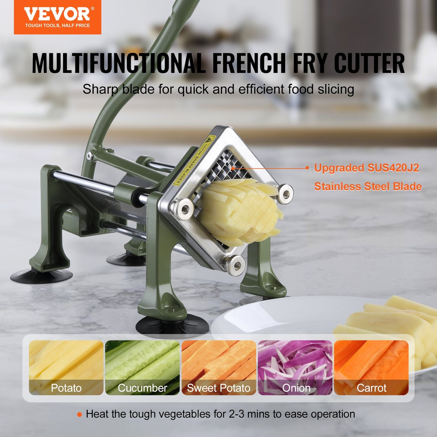 French Fry Cutter, Potato Slicer with 1/2-Inch and 3/8-Inch Stainless Steel Blades, Manual Potato Cutter Chopper with Suction Cups, Great for Potato, French Fries, Cucumber, Vegetables, Carrot