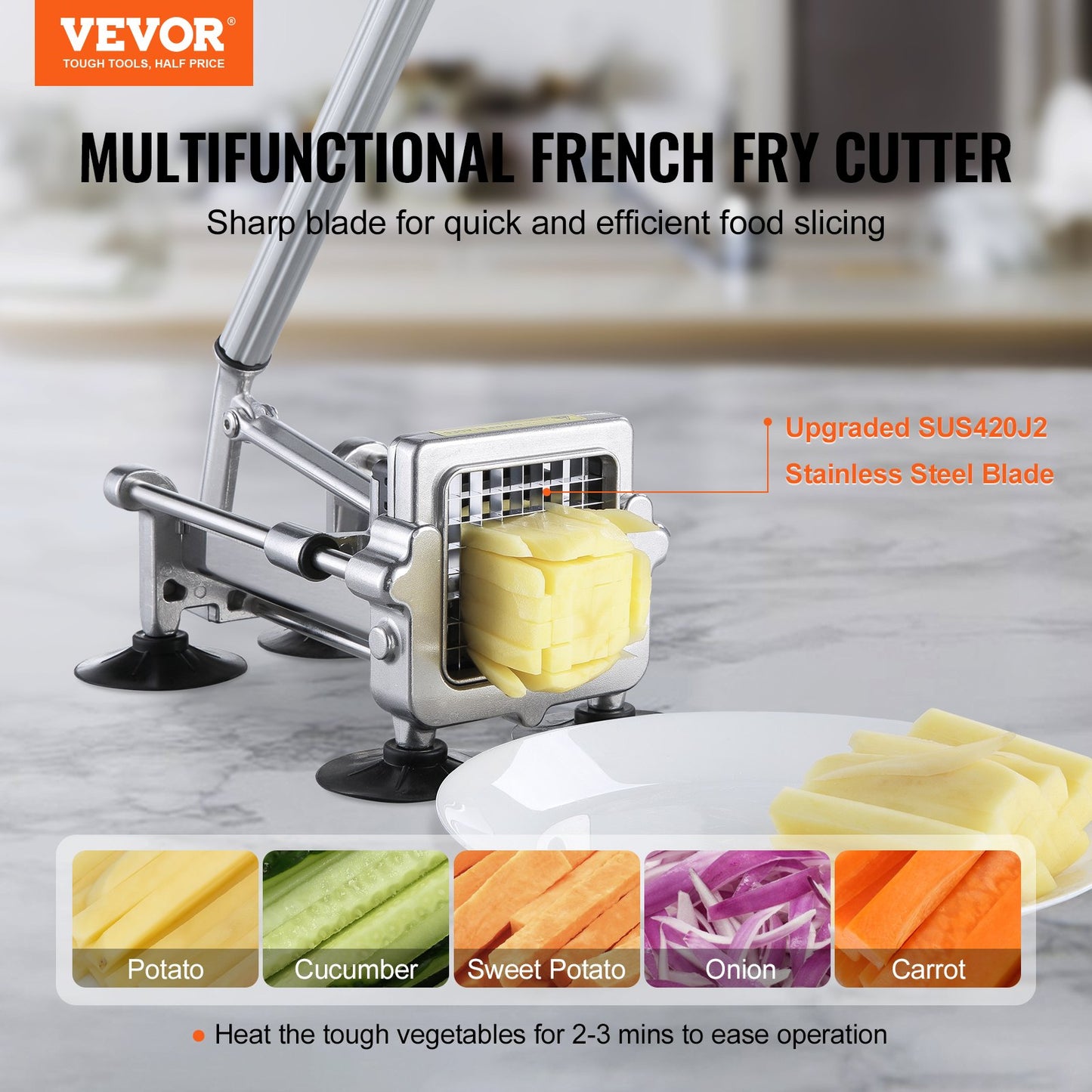 French Fry Cutter, Potato Slicer with 1/2-Inch and 3/8-Inch Stainless Steel Blades, Manual Potato Cutter Chopper with Suction Cups, Great for Potato, French Fries, Cucumber, Vegetables, Carrot