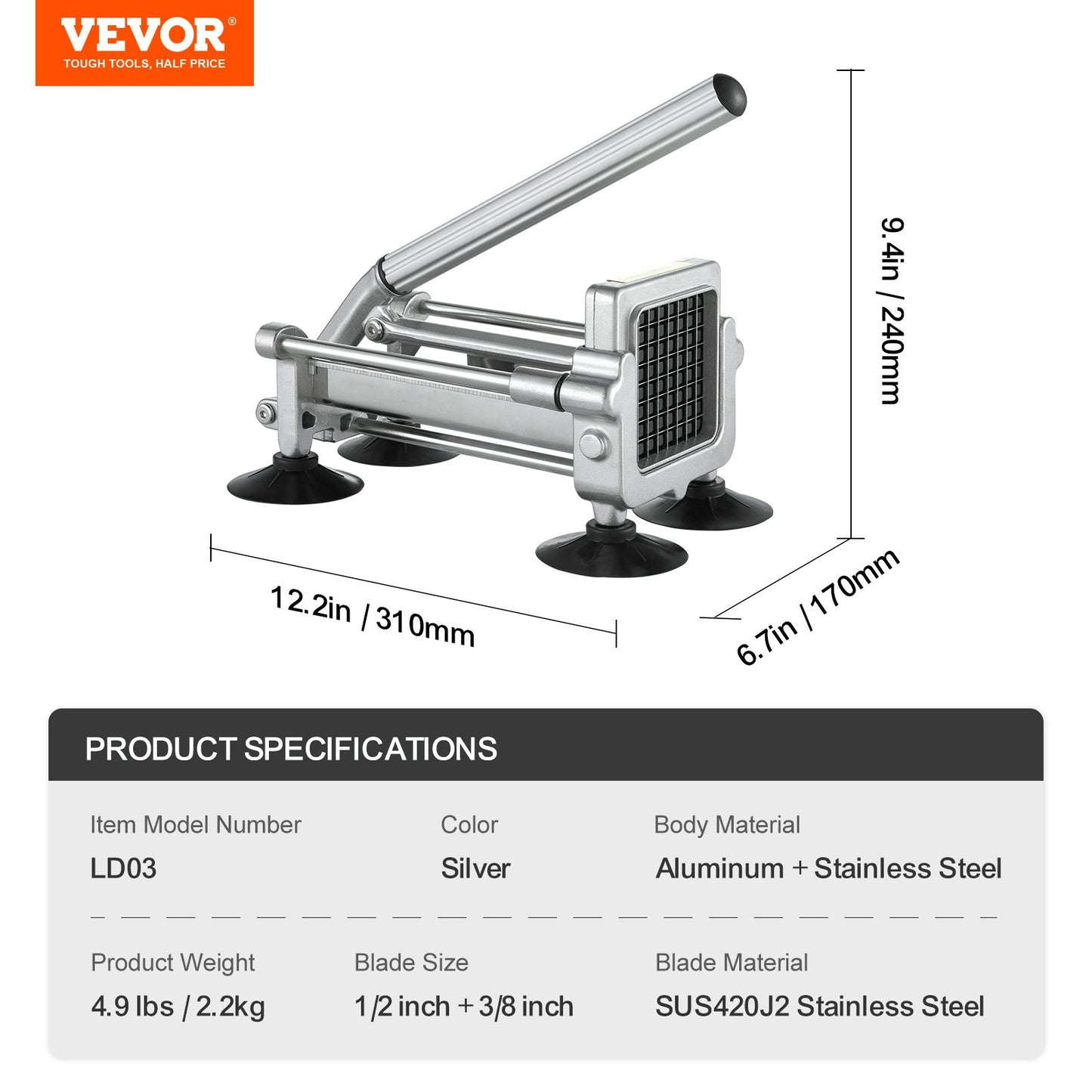French Fry Cutter, Potato Slicer with 1/2-Inch and 3/8-Inch Stainless Steel Blades, Manual Potato Cutter Chopper with Suction Cups, Great for Potato, French Fries, Cucumber, Vegetables, Carrot