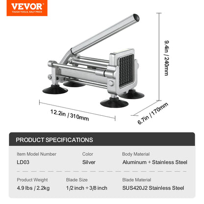French Fry Cutter, Potato Slicer with 1/2-Inch and 3/8-Inch Stainless Steel Blades, Manual Potato Cutter Chopper with Suction Cups, Great for Potato, French Fries, Cucumber, Vegetables, Carrot