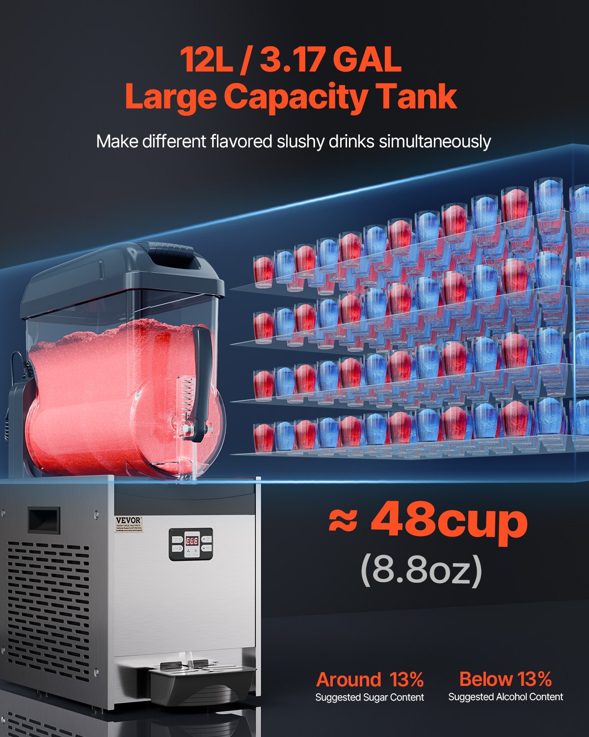 Commercial Slushy Machine, 12L Single Tank Frozen Drink Machine, 48 Cups Stainless Steel Margarita Smoothie Frozen Drink Maker, Slushie Maker for Home Party Restaurants Cafe Bars
