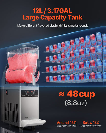 Commercial Slushy Machine, 12L Single Tank Frozen Drink Machine, 48 Cups Stainless Steel Margarita Smoothie Frozen Drink Maker, Slushie Maker for Home Party Restaurants Cafe Bars