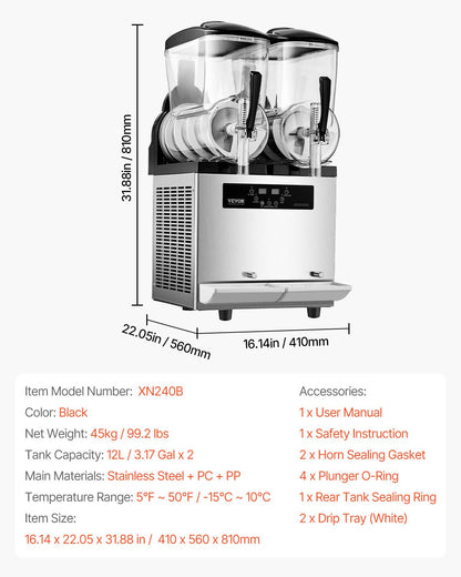 Commercial Slushy Machine, 12Lx2 Double Tank Frozen Drink Machine, 96 Cups Stainless Steel Margarita Smoothie Frozen Drink Maker, Slushie Maker for Home Party Restaurants Cafe Bars