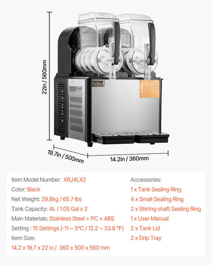 Commercial Slushy Machine, 4Lx2 Double Tank Frozen Drink Machine, 32 Cups Stainless Steel Margarita Smoothie Frozen Drink Maker, Slushie Maker for Home Party Restaurants Cafe Bars