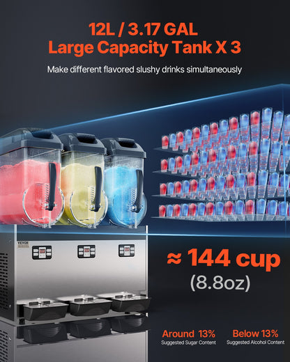 Commercial Slushy Machine, 12Lx3 Triple Tank Frozen Drink Machine, 144 Cups Stainless Steel Margarita Smoothie Frozen Drink Maker, Slushie Maker for Home Party Restaurants Cafe Bars