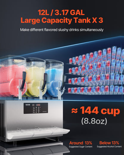 Commercial Slushy Machine, 12Lx3 Triple Tank Frozen Drink Machine, 144 Cups Stainless Steel Margarita Smoothie Frozen Drink Maker, Slushie Maker for Home Party Restaurants Cafe Bars