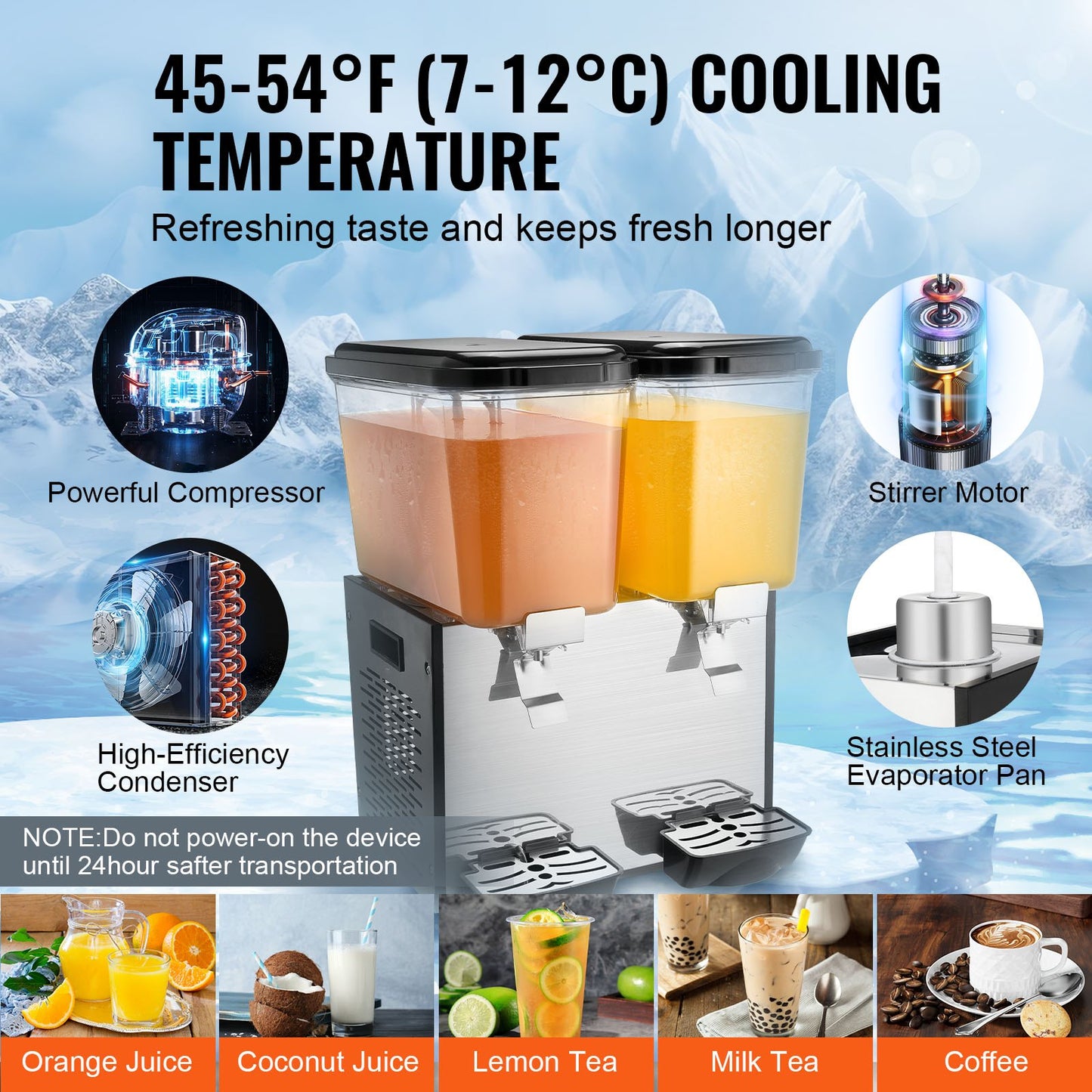 Commercial Beverage Dispenser, 2 Tanks 18 L Per Tank Juice Dispenser, 370W Stainless Steel Ice Tea Drink Machine with 45°F-54°F Cooling Temperature, for Cold Drink Restaurant Bar Party