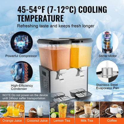 Commercial Beverage Dispenser, 2 Tanks 18 L Per Tank Juice Dispenser, 370W Stainless Steel Ice Tea Drink Machine with 45°F-54°F Cooling Temperature, for Cold Drink Restaurant Bar Party