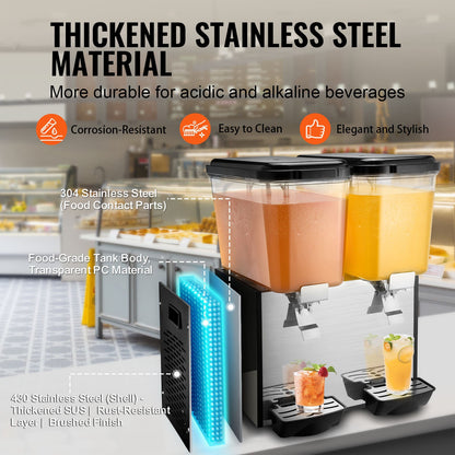 Commercial Beverage Dispenser, 2 Tanks 18 L Per Tank Juice Dispenser, 370W Stainless Steel Ice Tea Drink Machine with 45°F-54°F Cooling Temperature, for Cold Drink Restaurant Bar Party