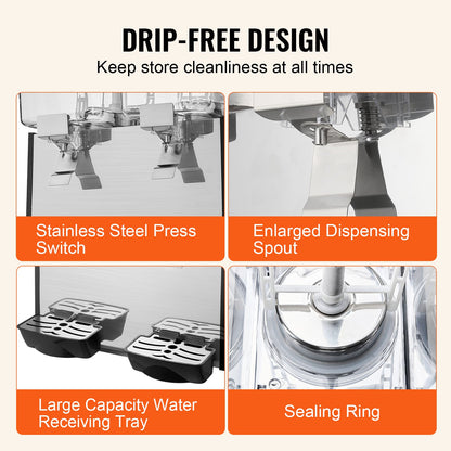 Commercial Beverage Dispenser, 2 Tanks 18 L Per Tank Juice Dispenser, 370W Stainless Steel Ice Tea Drink Machine with 45°F-54°F Cooling Temperature, for Cold Drink Restaurant Bar Party