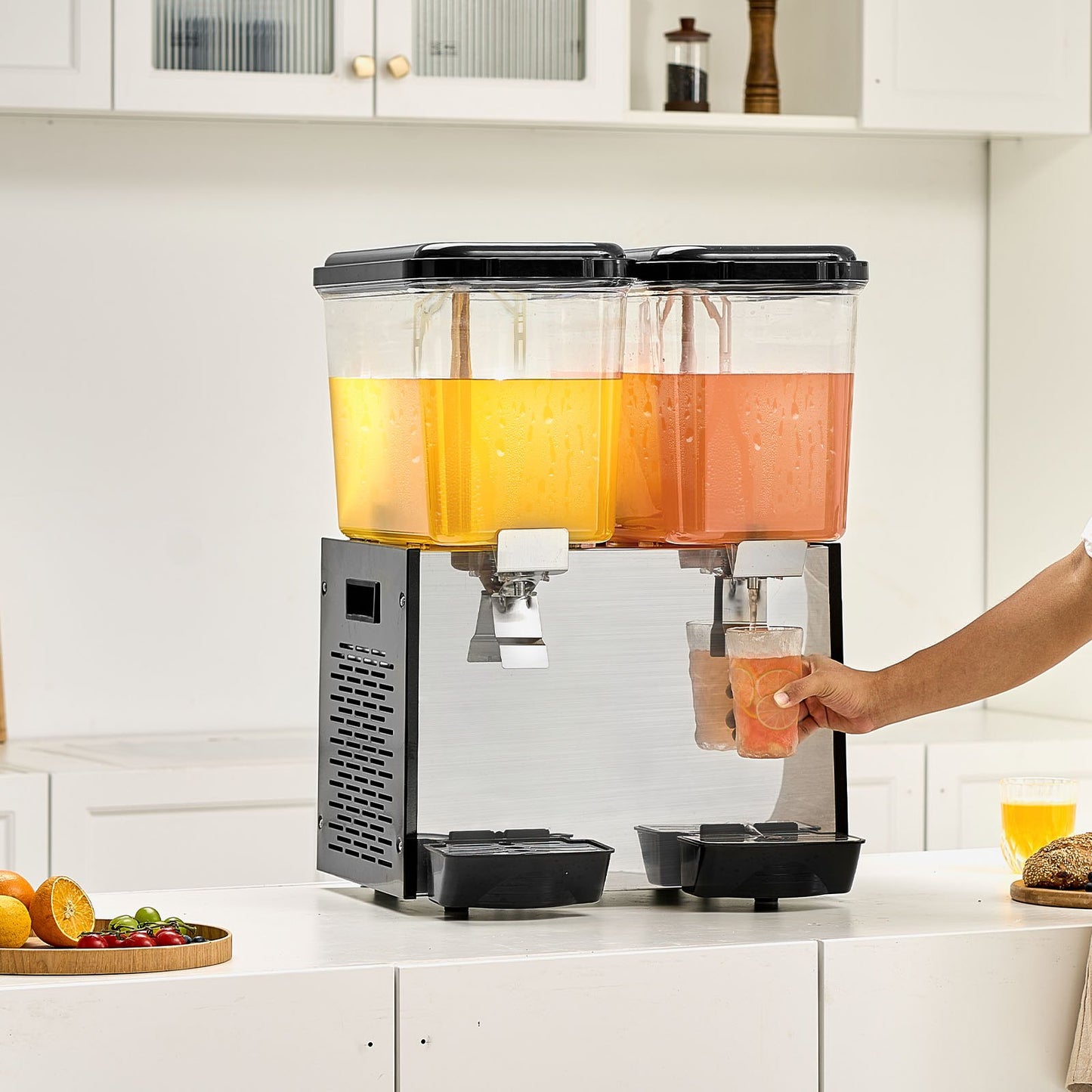 Commercial Beverage Dispenser, 2 Tanks 18 L Per Tank Juice Dispenser, 370W Stainless Steel Ice Tea Drink Machine with 45°F-54°F Cooling Temperature, for Cold Drink Restaurant Bar Party