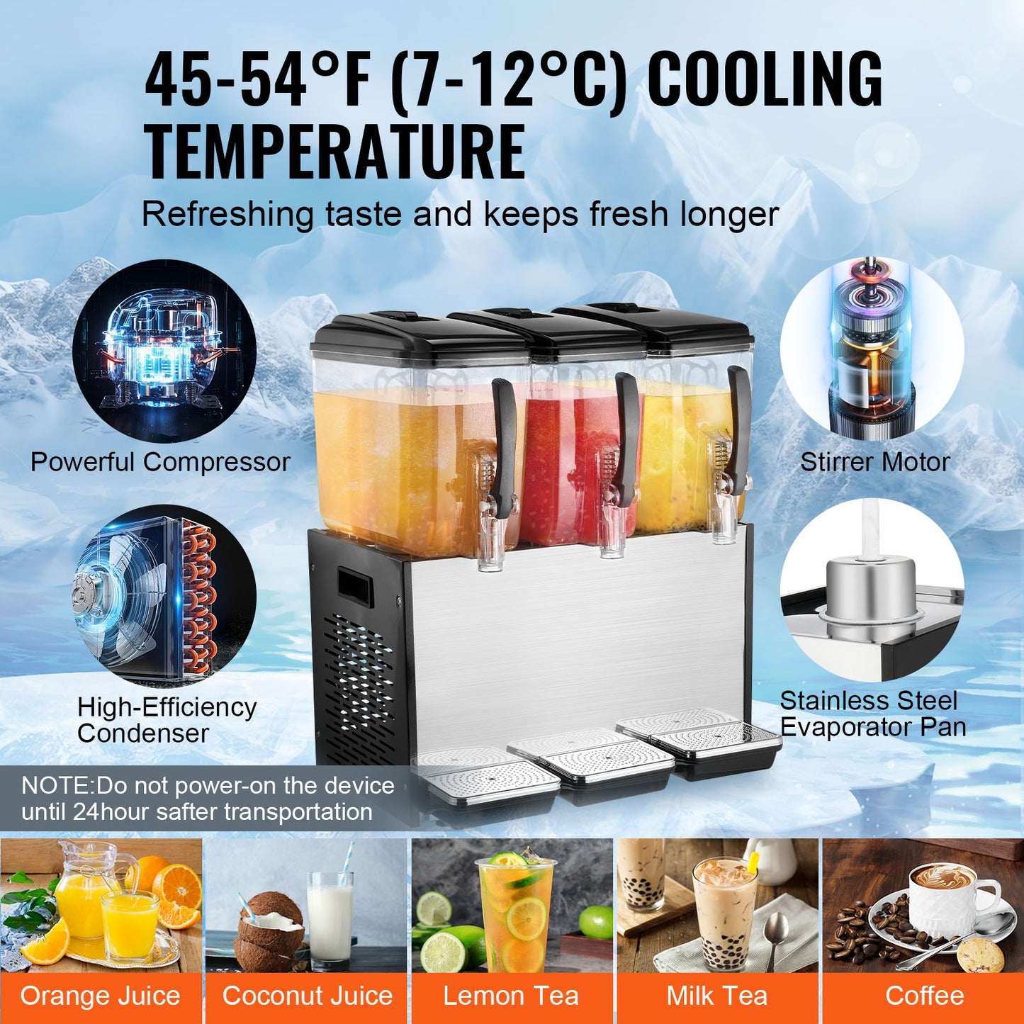 Commercial Beverage Dispenser, 3 Tanks 12 L Per Tank Juice Dispenser, 370W Stainless Steel Ice Tea Drink Machine with 45°F-54°F Cooling Temperature, for Cold Drink Restaurant Bar Party