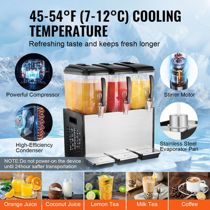 Commercial Beverage Dispenser, 3 Tanks 12 L Per Tank Juice Dispenser, 370W Stainless Steel Ice Tea Drink Machine with 45°F-54°F Cooling Temperature, for Cold Drink Restaurant Bar Party