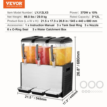 Commercial Beverage Dispenser, 3 Tanks 12 L Per Tank Juice Dispenser, 370W Stainless Steel Ice Tea Drink Machine with 45°F-54°F Cooling Temperature, for Cold Drink Restaurant Bar Party