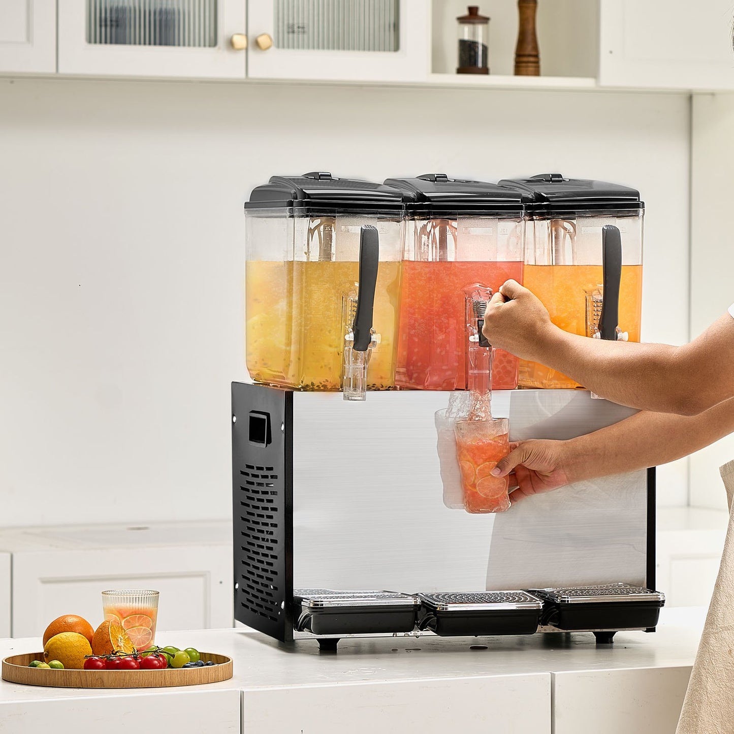 Commercial Beverage Dispenser, 3 Tanks 12 L Per Tank Juice Dispenser, 370W Stainless Steel Ice Tea Drink Machine with 45°F-54°F Cooling Temperature, for Cold Drink Restaurant Bar Party