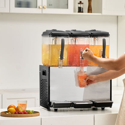 Commercial Beverage Dispenser, 3 Tanks 12 L Per Tank Juice Dispenser, 370W Stainless Steel Ice Tea Drink Machine with 45°F-54°F Cooling Temperature, for Cold Drink Restaurant Bar Party