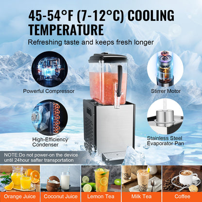 Commercial Beverage Dispenser, 12 L Juice Dispenser, 246W 304 Stainless Steel Food Grade Ice Tea Drink Machine with 45°F-54°F Cooling Temperature, for Cold Drink Restaurant Bar Party