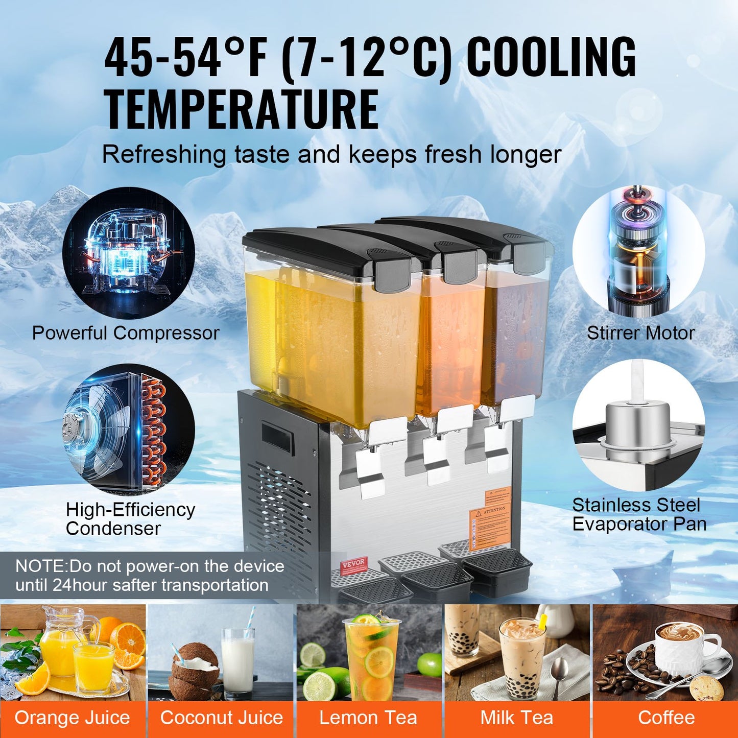 Commercial Beverage Dispenser, 3 Tanks 10 L Per Tank Juice Dispenser, 440W Stainless Steel Ice Tea Drink Machine with 45°F-54°F Cooling Temperature, for Cold Drink Restaurant Bar Party