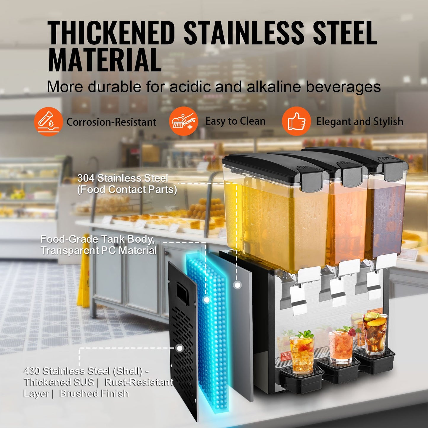 Commercial Beverage Dispenser, 3 Tanks 10 L Per Tank Juice Dispenser, 440W Stainless Steel Ice Tea Drink Machine with 45°F-54°F Cooling Temperature, for Cold Drink Restaurant Bar Party