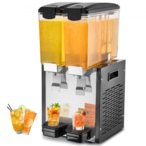 Commercial Beverage Dispenser, 2 Tanks 10 L Per Tank Juice Dispenser, 270W Stainless Steel Ice Tea Drink Machine with 45°F-54°F Cooling Temperature, for Cold Drink Restaurant Bar Party
