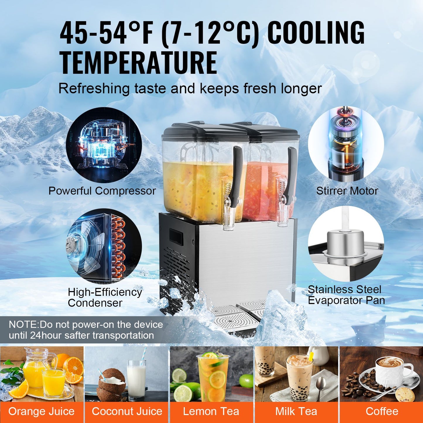 Commercial Beverage Dispenser, 2 Tanks 12 L Per Tank Juice Dispenser, 286W Stainless Steel Ice Tea Drink Machine with 45°F-54°F Cooling Temperature, for Cold Drink Restaurant Bar Party
