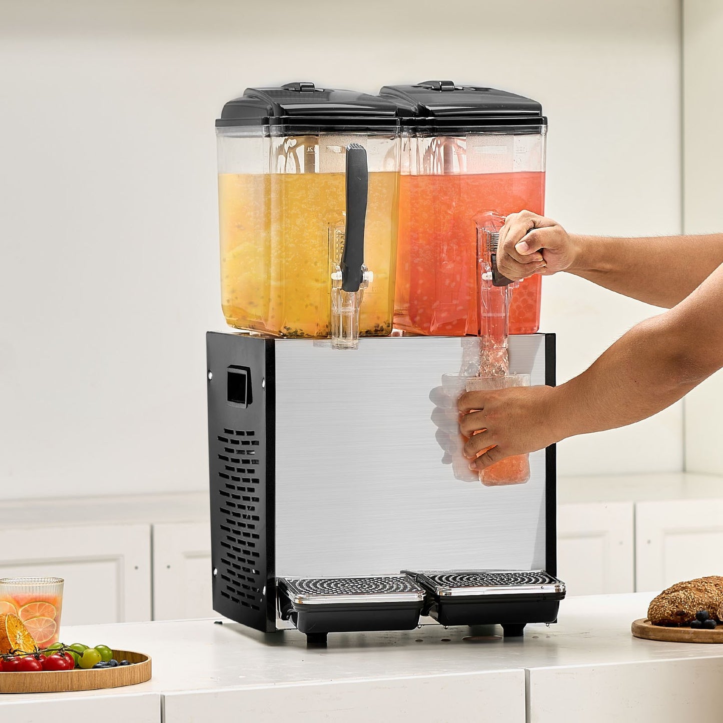 Commercial Beverage Dispenser, 2 Tanks 12 L Per Tank Juice Dispenser, 286W Stainless Steel Ice Tea Drink Machine with 45°F-54°F Cooling Temperature, for Cold Drink Restaurant Bar Party