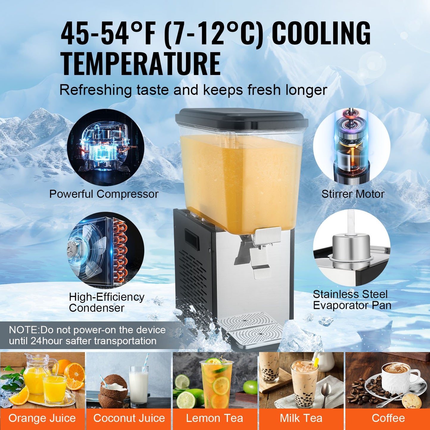 Commercial Beverage Dispenser, 18 L Juice Dispenser, 300W 304 Stainless Steel Food Grade Ice Tea Drink Machine with 45°F-54°F Cooling Temperature, for Cold Drink Restaurant Bar Party