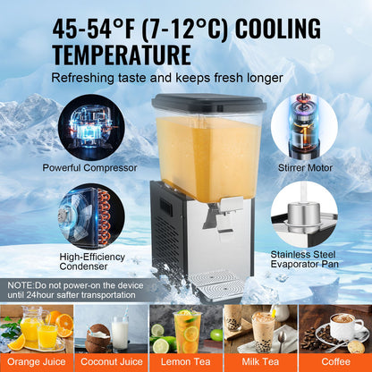 Commercial Beverage Dispenser, 18 L Juice Dispenser, 300W 304 Stainless Steel Food Grade Ice Tea Drink Machine with 45°F-54°F Cooling Temperature, for Cold Drink Restaurant Bar Party