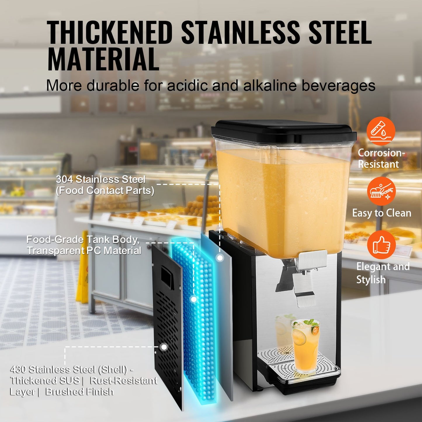 Commercial Beverage Dispenser, 18 L Juice Dispenser, 300W 304 Stainless Steel Food Grade Ice Tea Drink Machine with 45°F-54°F Cooling Temperature, for Cold Drink Restaurant Bar Party