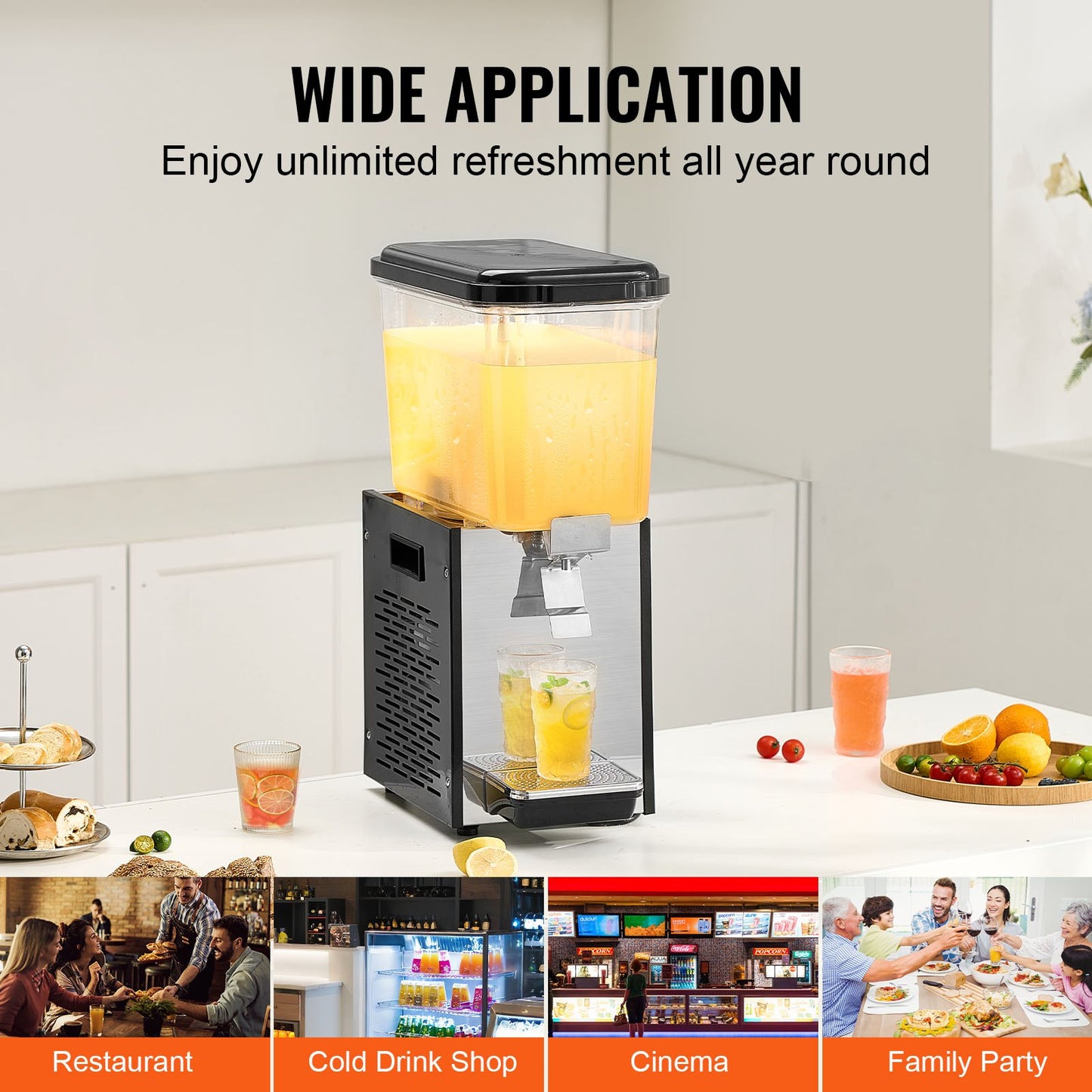 Commercial Beverage Dispenser, 18 L Juice Dispenser, 300W 304 Stainless Steel Food Grade Ice Tea Drink Machine with 45°F-54°F Cooling Temperature, for Cold Drink Restaurant Bar Party