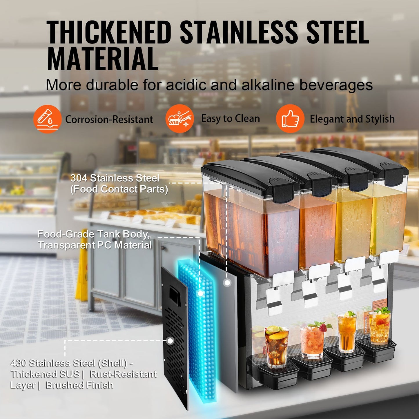 Gewerblicher Getränkespender, 4 Tanks à 10 l, Saftspender, 430 W, Edelstahl-Eistee-Maschine mit Kühltemperatur von 7–12 °C, für kalte Getränke in Restaurants, Bars und auf Partys