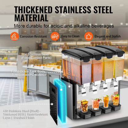 Gewerblicher Getränkespender, 4 Tanks à 10 l, Saftspender, 430 W, Edelstahl-Eistee-Maschine mit Kühltemperatur von 7–12 °C, für kalte Getränke in Restaurants, Bars und auf Partys