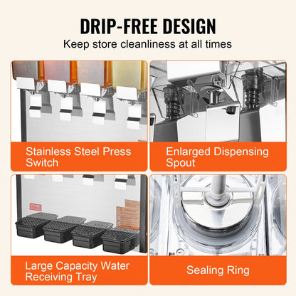 Gewerblicher Getränkespender, 4 Tanks à 10 l, Saftspender, 430 W, Edelstahl-Eistee-Maschine mit Kühltemperatur von 7–12 °C, für kalte Getränke in Restaurants, Bars und auf Partys
