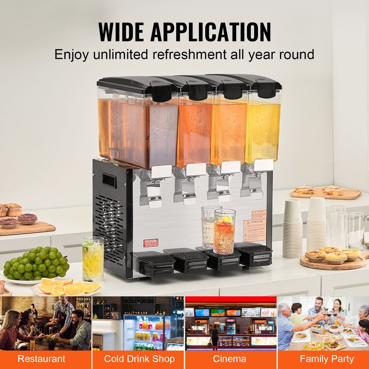 Gewerblicher Getränkespender, 4 Tanks à 10 l, Saftspender, 430 W, Edelstahl-Eistee-Maschine mit Kühltemperatur von 7–12 °C, für kalte Getränke in Restaurants, Bars und auf Partys