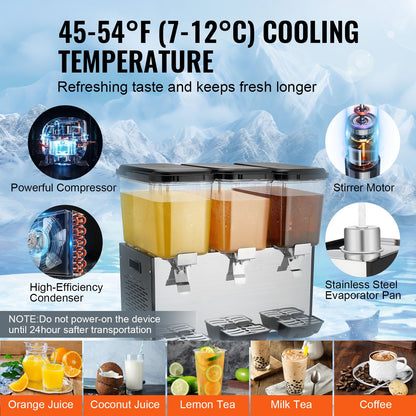Commercial Beverage Dispenser, 3 Tanks 18 L Per Tank Juice Dispenser, 512W Stainless Steel Ice Tea Drink Machine with 45°F-54°F Cooling Temperature, for Cold Drink Restaurant Bar Party