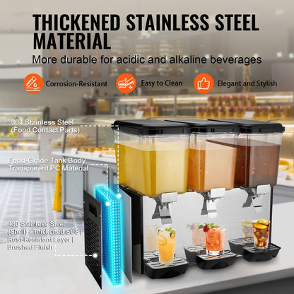 Commercial Beverage Dispenser, 3 Tanks 18 L Per Tank Juice Dispenser, 512W Stainless Steel Ice Tea Drink Machine with 45°F-54°F Cooling Temperature, for Cold Drink Restaurant Bar Party