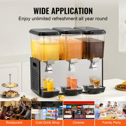 Commercial Beverage Dispenser, 3 Tanks 18 L Per Tank Juice Dispenser, 512W Stainless Steel Ice Tea Drink Machine with 45°F-54°F Cooling Temperature, for Cold Drink Restaurant Bar Party