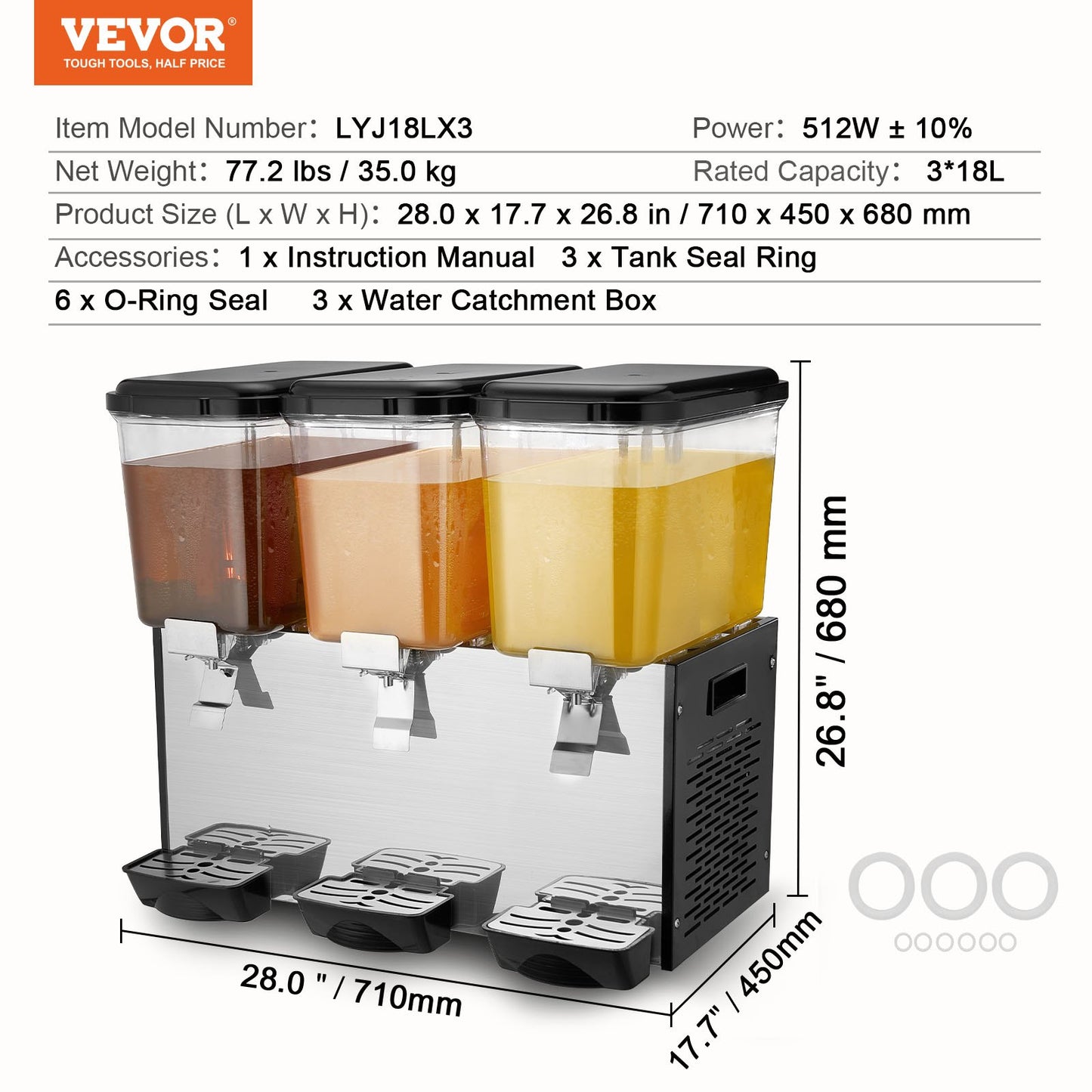 Commercial Beverage Dispenser, 3 Tanks 18 L Per Tank Juice Dispenser, 512W Stainless Steel Ice Tea Drink Machine with 45°F-54°F Cooling Temperature, for Cold Drink Restaurant Bar Party