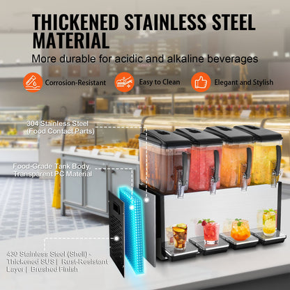 Gewerblicher Getränkespender, 4 Tanks à 12 Liter, Saftspender, 510-W-Edelstahl-Eistee-Maschine mit Kühltemperatur von 7–12 °C, für kalte Getränke in Restaurants, Bars und auf Partys