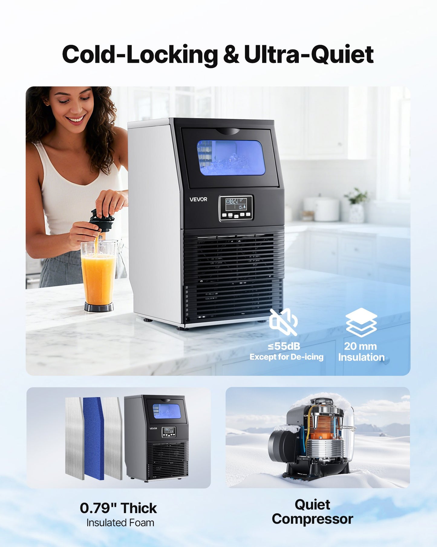 Gewerbliche Eismaschine, 40,82 kg/24 h mit 5,44 kg Vorratskapazität, 32 Eiswürfel pro Zyklus, freistehende und Tisch-Eismaschine aus Edelstahl mit LED-Anzeige und Selbstreinigungsfunktion, für Hausbar und Restaurant