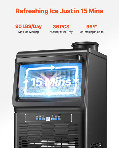 Gewerblicher Eiswürfelbereiter (90 lbs/24h), 36 Eiswürfel in 15 Minuten, freistehendes Gerät mit 12 lbs großem Vorratsvolumen für Bars, Büros und Restaurants, mit LED-Digitalanzeige und Selbstreinigungsfunktion