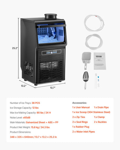 Gewerblicher Eiswürfelbereiter (90 lbs/24h), 36 Eiswürfel in 15 Minuten, freistehendes Gerät mit 12 lbs großem Vorratsvolumen für Bars, Büros und Restaurants, mit LED-Digitalanzeige und Selbstreinigungsfunktion
