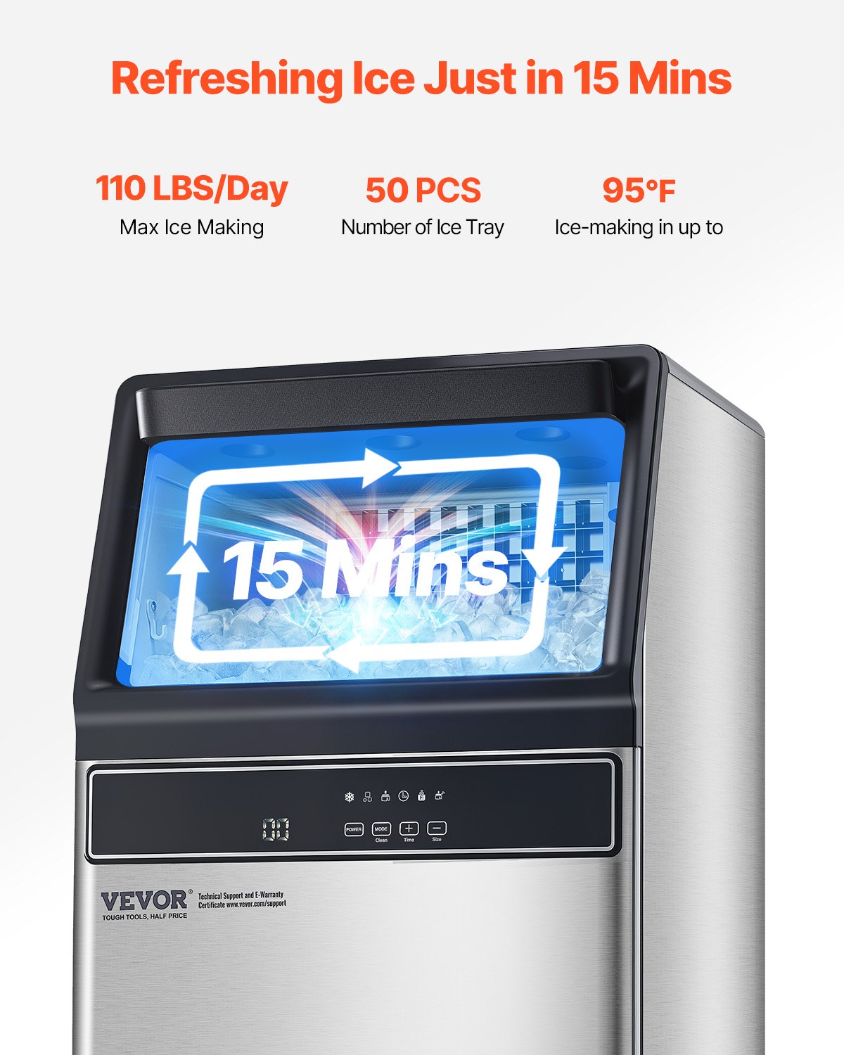 Commercial Ice Maker Machine, 110lbs/24H Ice Maker Machine with 33lbs Storage Capacity, 50 Ice Cubes in 15 Minutes, LED Digital Display Freestanding Self-Cleaning for Bar Office Restaurant