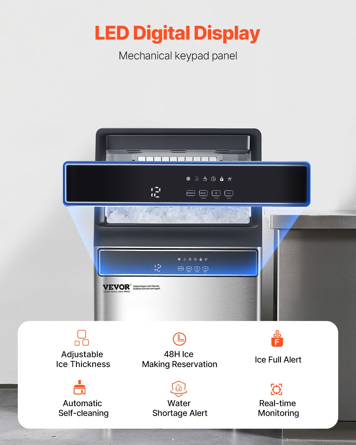 Commercial Ice Maker Machine, 110lbs/24H Ice Maker Machine with 33lbs Storage Capacity, 50 Ice Cubes in 15 Minutes, LED Digital Display Freestanding Self-Cleaning for Bar Office Restaurant