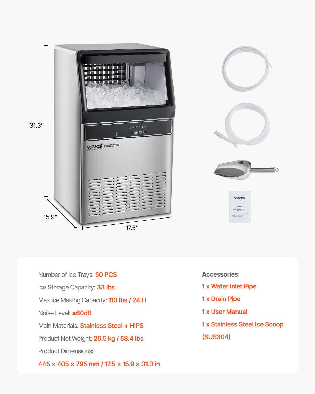 Commercial Ice Maker Machine, 110lbs/24H Ice Maker Machine with 33lbs Storage Capacity, 50 Ice Cubes in 15 Minutes, LED Digital Display Freestanding Self-Cleaning for Bar Office Restaurant